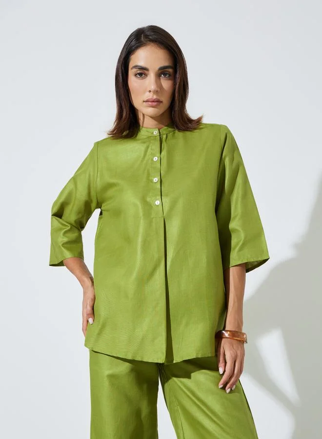 أميرة Green Solid Stand Collar Top and Wide Leg Trousers Modest Set