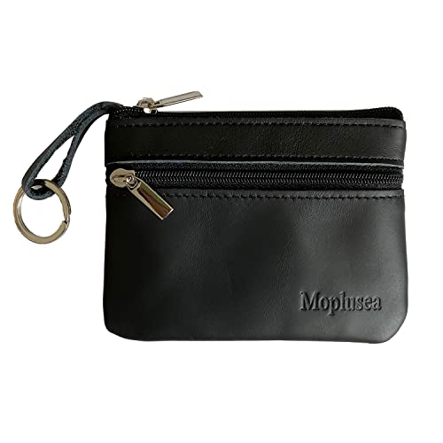 Moplusea Genuine Leather Small Coin Purse Wallet With Keychain Mini Change Purse Coin Pouch Holder For Men (GLCB010 Black) - Image 1