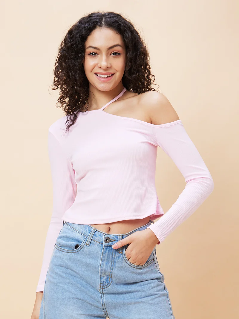globus Women One Shoulder Pure Cotton Crop Top