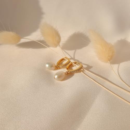 CHESKY 14k Gold Plated Pearl Earrings - Dainty Pearl Drop Dangle Huggie Hoop Earrings - Trendy Brides Weddings Pearls Earring Jewelry Gifts for Her - Image 5