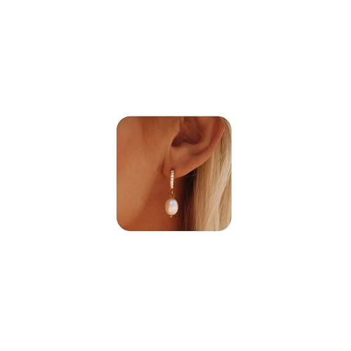 CHESKY 14k Gold Plated Pearl Earrings - Dainty Pearl Drop Dangle Huggie Hoop Earrings - Trendy Brides Weddings Pearls Earring Jewelry Gifts for Her - Image 1