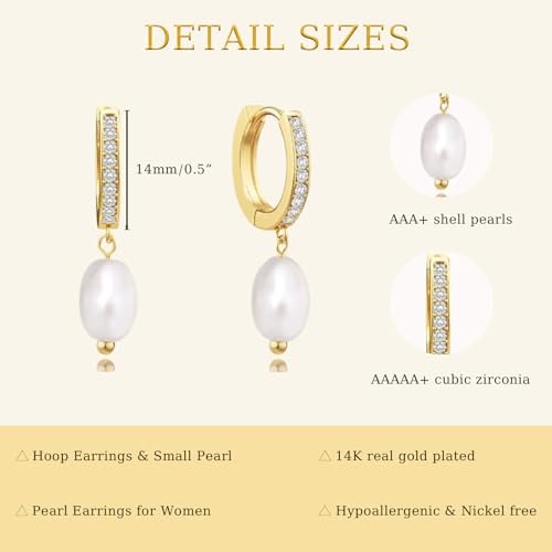 CHESKY 14k Gold Plated Pearl Earrings - Dainty Pearl Drop Dangle Huggie Hoop Earrings - Trendy Brides Weddings Pearls Earring Jewelry Gifts for Her - Image 4