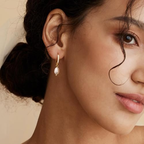 CHESKY 14k Gold Plated Pearl Earrings - Dainty Pearl Drop Dangle Huggie Hoop Earrings - Trendy Brides Weddings Pearls Earring Jewelry Gifts for Her - Image 3