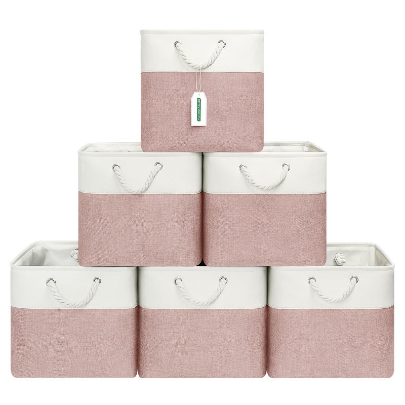 ECDYQXVU 13x13 Inch Cube Storage Bins with Reinforced Bottom Cardboard, 6 Pack Large Foldable Fabric Storage Cubes with Handles for Shelf, Closet, Laundry Organization (White&Pink) - Image 1