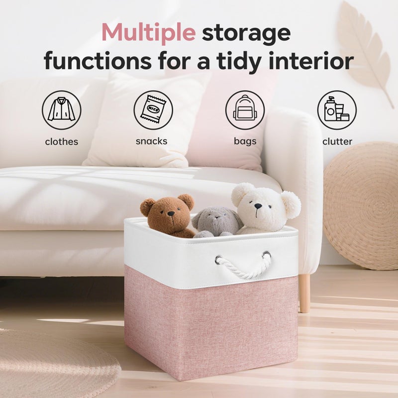 ECDYQXVU 13x13 Inch Cube Storage Bins with Reinforced Bottom Cardboard, 6 Pack Large Foldable Fabric Storage Cubes with Handles for Shelf, Closet, Laundry Organization (White&Pink) - Image 5
