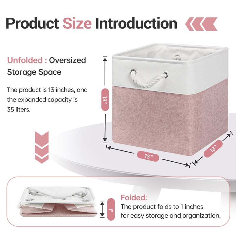 ECDYQXVU 13x13 Inch Cube Storage Bins with Reinforced Bottom Cardboard, 6 Pack Large Foldable Fabric Storage Cubes with Handles for Shelf, Closet, Laundry Organization (White&Pink) - Image 3