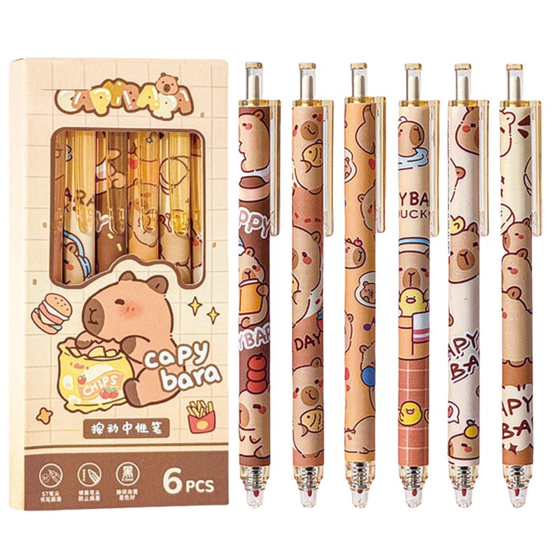 MOZXIRZ 6 Pcs Cartoon Retractable Pens Gel Ink Pens Cute Capybara Pen 0.5mm Black Ink Writing Pen Office School Supplies for Women Girls (Capybara) - Image 1