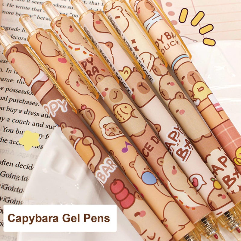 MOZXIRZ 6 Pcs Cartoon Retractable Pens Gel Ink Pens Cute Capybara Pen 0.5mm Black Ink Writing Pen Office School Supplies for Women Girls (Capybara) - Image 2