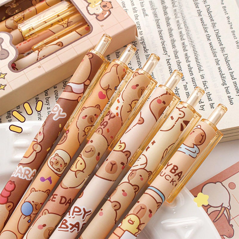 MOZXIRZ 6 Pcs Cartoon Retractable Pens Gel Ink Pens Cute Capybara Pen 0.5mm Black Ink Writing Pen Office School Supplies for Women Girls (Capybara) - Image 3