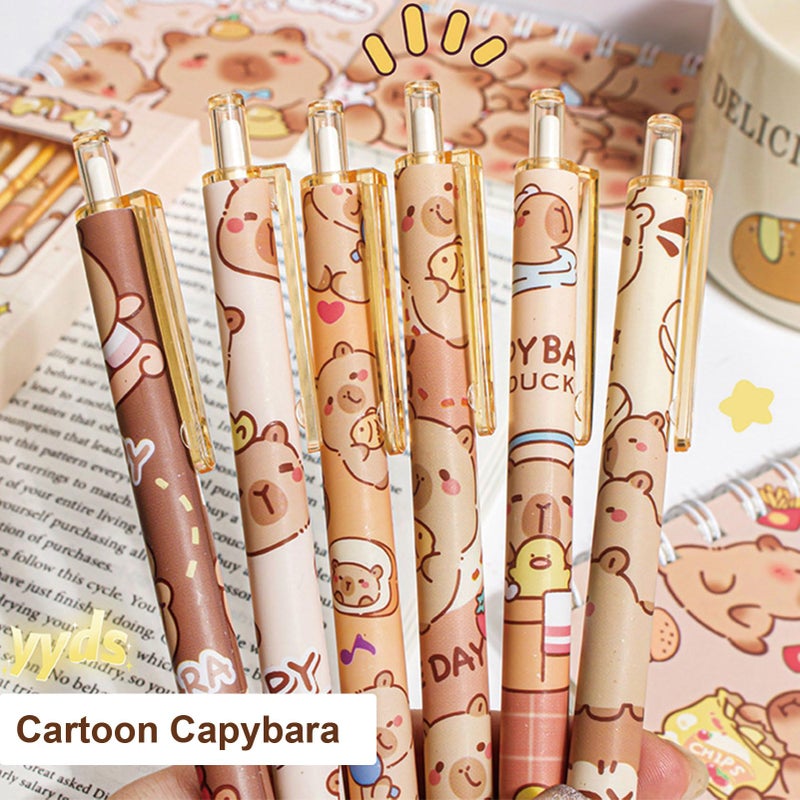 MOZXIRZ 6 Pcs Cartoon Retractable Pens Gel Ink Pens Cute Capybara Pen 0.5mm Black Ink Writing Pen Office School Supplies for Women Girls (Capybara) - Image 5