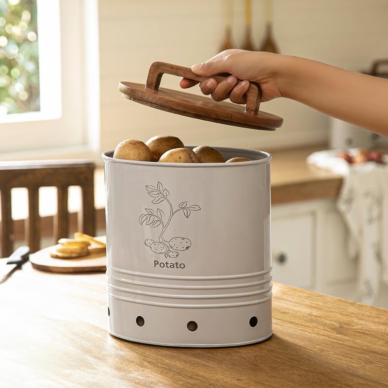 Ellementry Canny Potato Storage Barrel With Wooden Lid2500 Gm Kitchen Storage Container Kitchen Accessories Items Storage Organizer Kitchen Organizer Multipurpose Storage Container Grey - Image 1