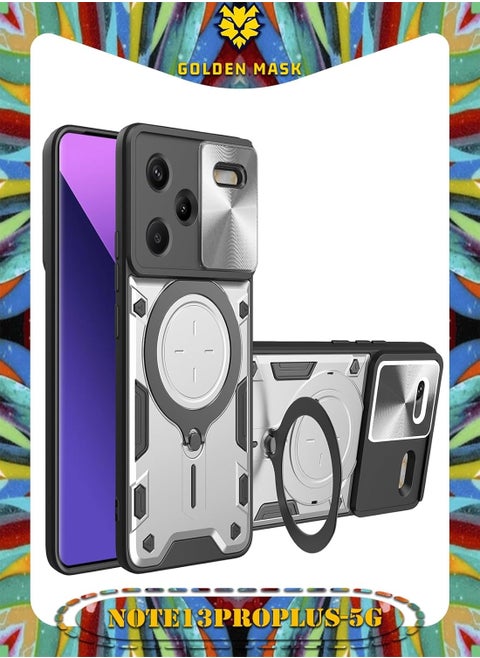 جولدن ماسك لهاتف شاومى ريدمى نوت 13 برو بلس (Xiaomi Redmi Note 13 Pro Plus ) جراب حماية مع باب جرار لحماية عدسة  الكاميرا المدرعة مدمج بزاوية 360 درجة - (فضى)