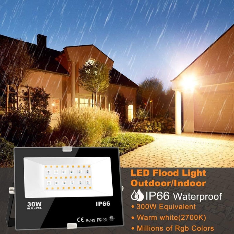 MELPO 30 واط ضوء الفيضانات LED خارجي مكافئ 300 واط، أضواء RGB متغيرة الألوان مع جهاز تحكم عن بعد، 120 لون RGB، أبيض دافئ 2700K، توقيت، وضع مخصص، أضواء المناظر الطبيعية، IP66 قابس أمريكي 3 (عبوة 4) - Image 2