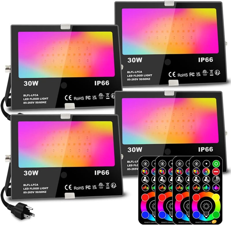 MELPO 30 واط ضوء الفيضانات LED خارجي مكافئ 300 واط، أضواء RGB متغيرة الألوان مع جهاز تحكم عن بعد، 120 لون RGB، أبيض دافئ 2700K، توقيت، وضع مخصص، أضواء المناظر الطبيعية، IP66 قابس أمريكي 3 (عبوة 4) - Image 1
