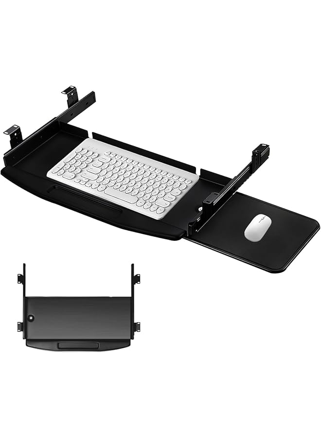 إيروريكس حامل لوحة المفاتيح والماوس أسفل المكتب مع لوحة مفاتيح تدور 360 درجة ومنصة ماوس قابلة للسحب ومنصة لوحة مفاتيح مريحة ومنصة منزلقة ثابتة ودرج كمبيوتر للعمل المكتبي والكتابة باللون الأسود - Image 1