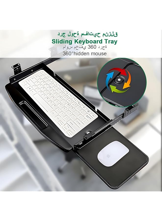 إيروريكس حامل لوحة المفاتيح والماوس أسفل المكتب مع لوحة مفاتيح تدور 360 درجة ومنصة ماوس قابلة للسحب ومنصة لوحة مفاتيح مريحة ومنصة منزلقة ثابتة ودرج كمبيوتر للعمل المكتبي والكتابة باللون الأسود - Image 4