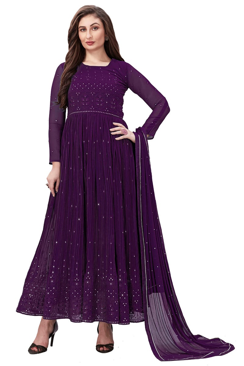 TRENDMALLS Women's Georgette Embroidery Salwar Suit Anarkali Kurta Set with Dupatta (G88-Purple-S) - Image 3