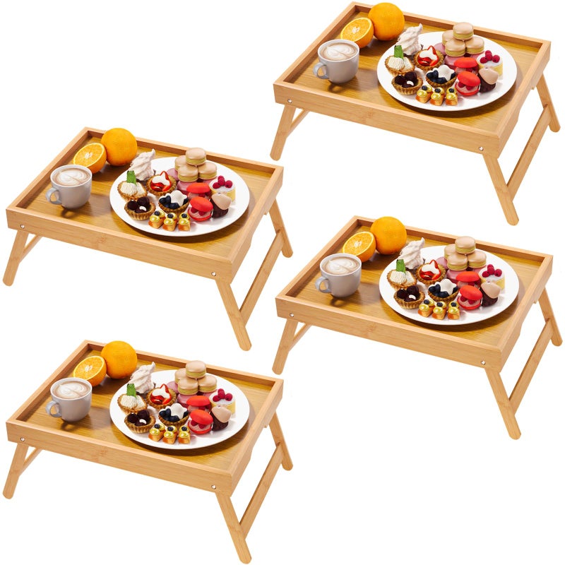 Fibogollo 4 Pack Bamboo Bed Tray Table with Folding Legs,Breakfast Trays,Serving Tray for Food and Snack,Laptop Trays for Working(Natural) - Image 1