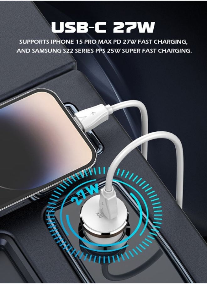 LDNIO Car Charger 27W High Power PD USB C Fast Car Charger With USB Cable White  - Image 2