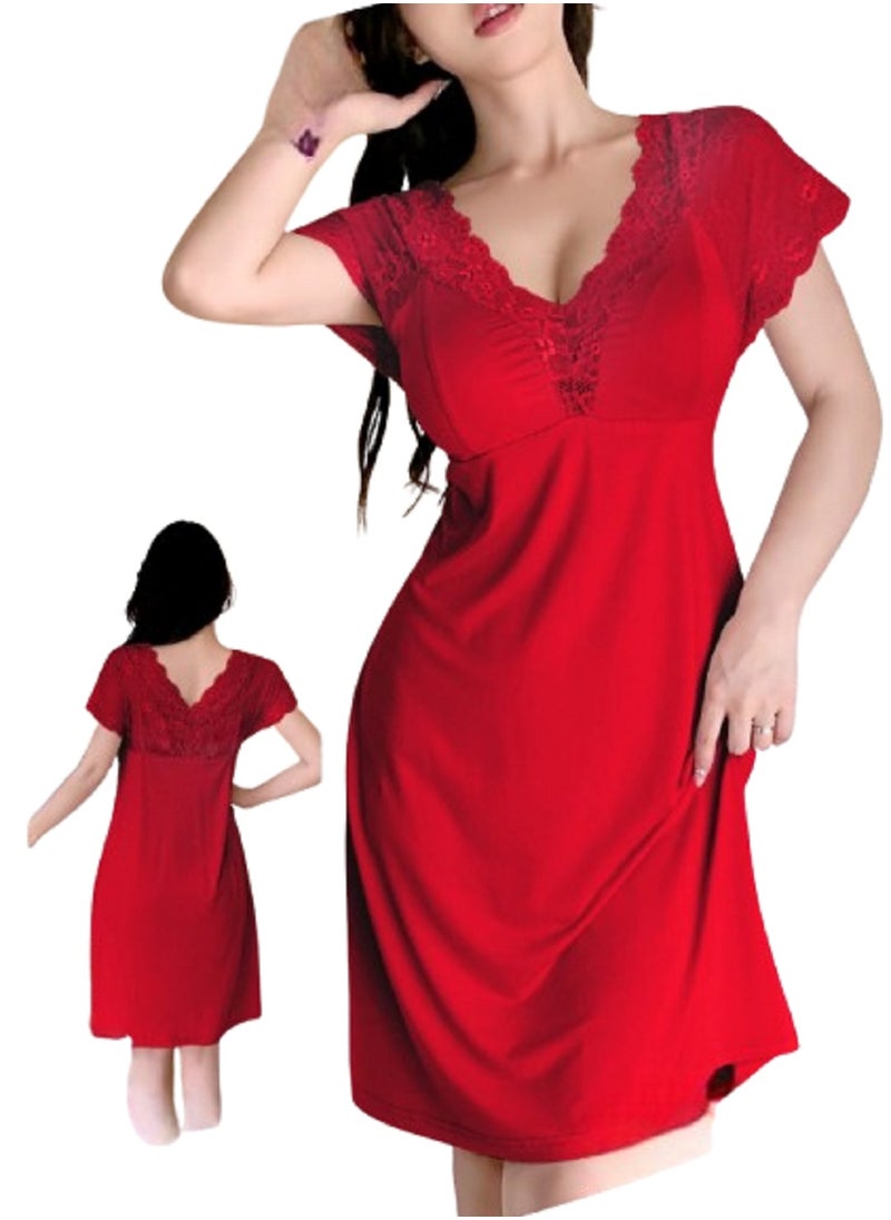 Women's Nightgown with Short Sleeves Adorned with Lace - pzsku/ZAD5E02C7F5DD405E405FZ/45/_/1740397906/1d7c9a39-8b94-4523-8e66-d366138ea819