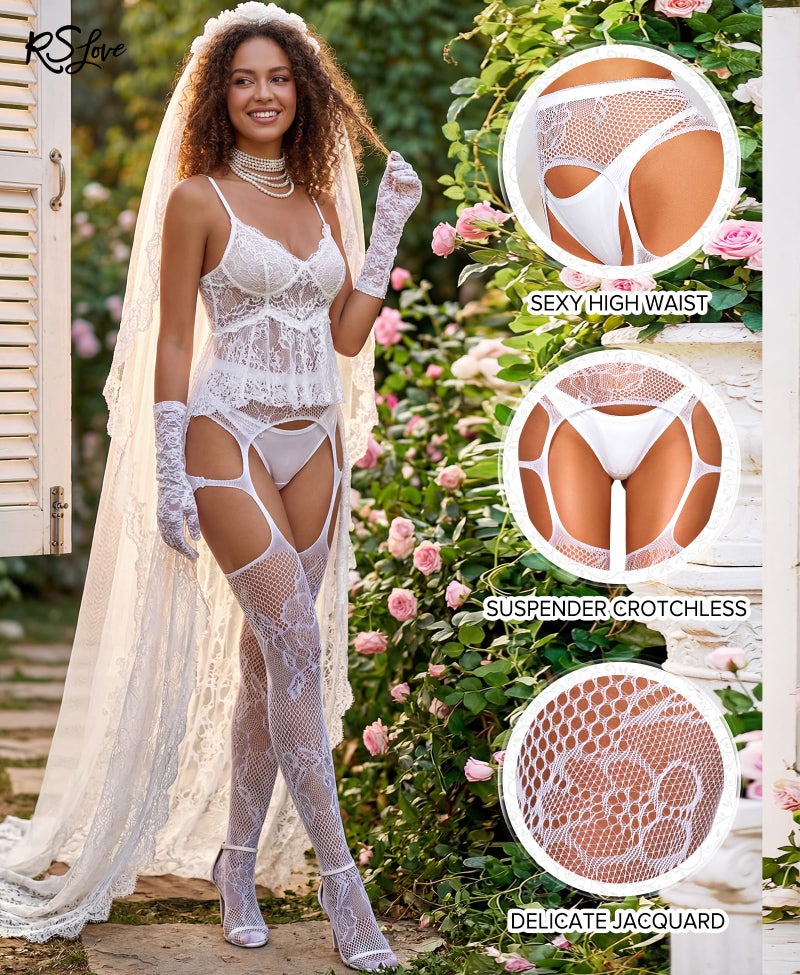 RSLOVE Women's Sexy Fishnet Stockings Thigh High Lace Garter Tights Suspender Pantyhose White One Size - Image 3