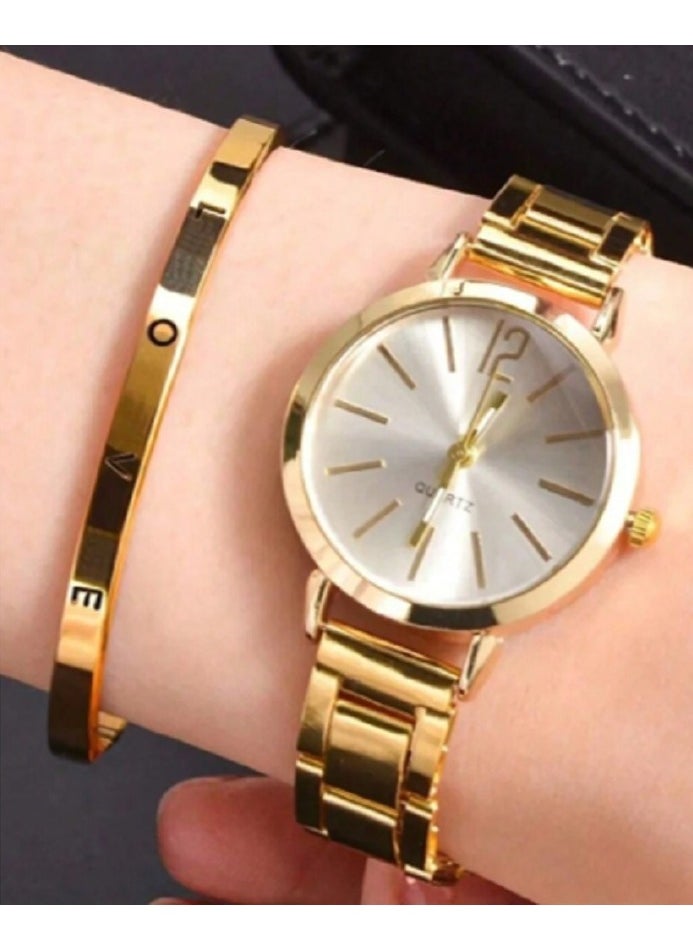 Shein 2pcs Women's Fashion Gold Jewelry Set, Includes Watch And Stainless Steel Love Bracelet,  - Image 1
