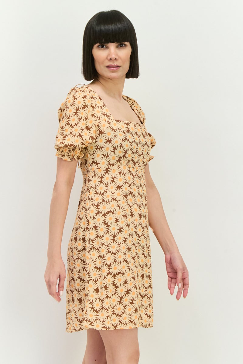 MANGO فستان ميني مزخرف بالورود للنساء بني - Image 2