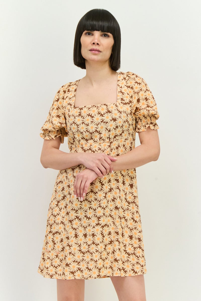 MANGO فستان ميني مزخرف بالورود للنساء بني - Image 1