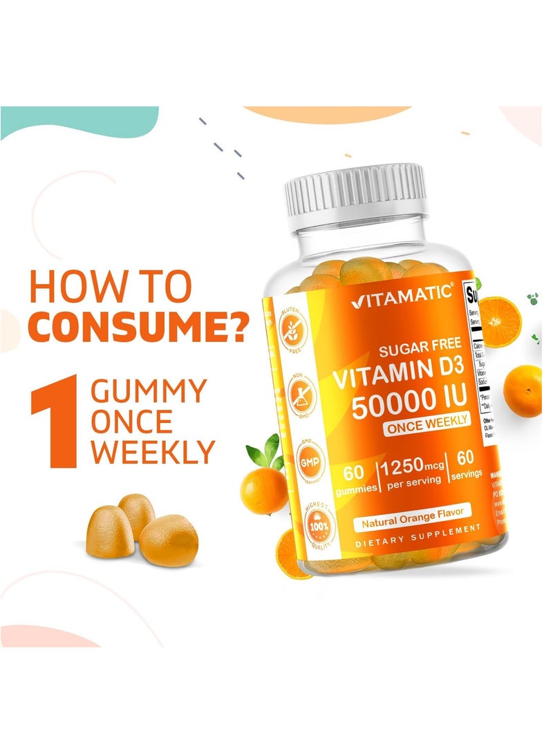 Vitamatic Sugar Free Vitamin D3 50,000 IU Weekly Supplement - 60 Pectin Based Gummies - Vitamin D Capsules for Bones, Teeth, and Immune Support - Image 3