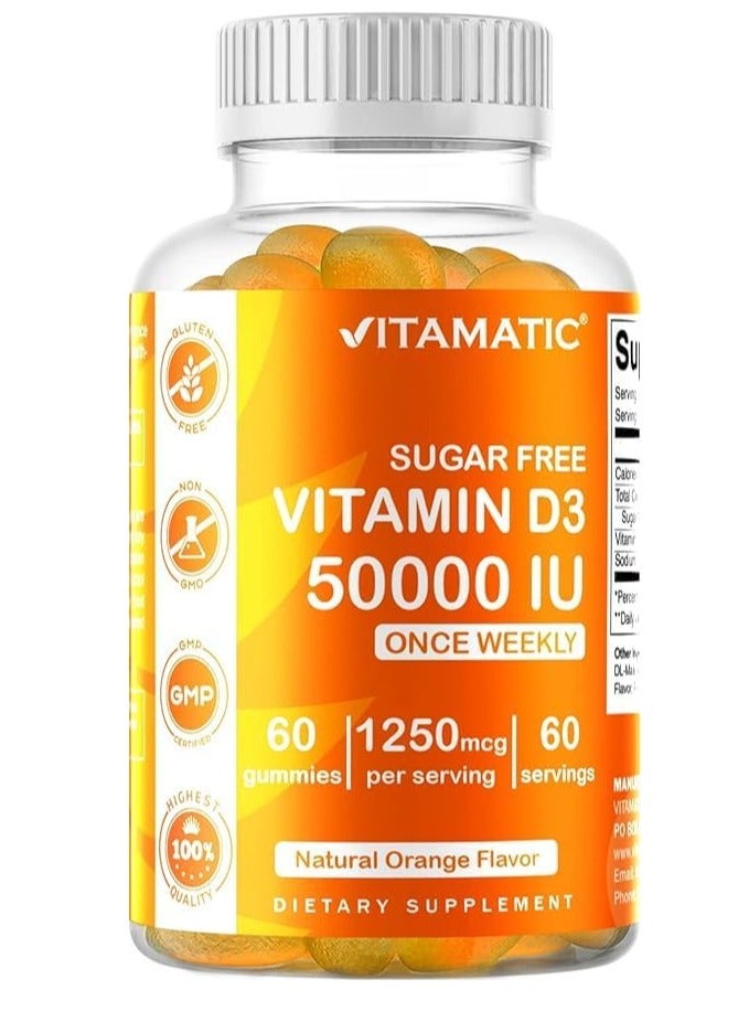 Vitamatic Sugar Free Vitamin D3 50,000 IU Weekly Supplement - 60 Pectin Based Gummies - Vitamin D Capsules for Bones, Teeth, and Immune Support - Image 1