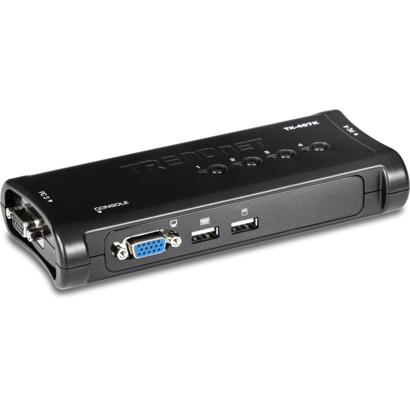 TRENDnet 4-Port USB KVM Switch, TK-407K, Control Up to 4 Computers, Windows, Linux, Mac OS Compliant, 2048 x 1536 VGA Resolution, NDAA & TAA Compliant, KVM Cables Included, Black - Image 1