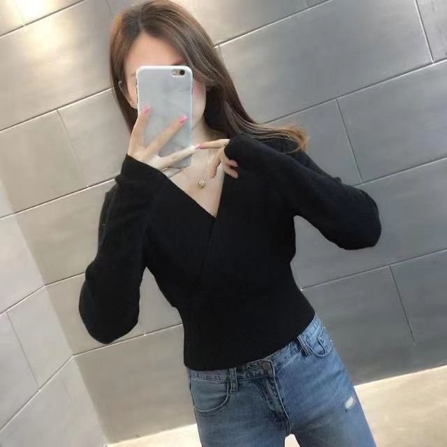 Spring and Autumn New Crossover V-neck Care Machine Slimming Long-sleeved Slim-fit Pullover Knitted Base Shirt Sweater Top for Women Khaki - Image 5