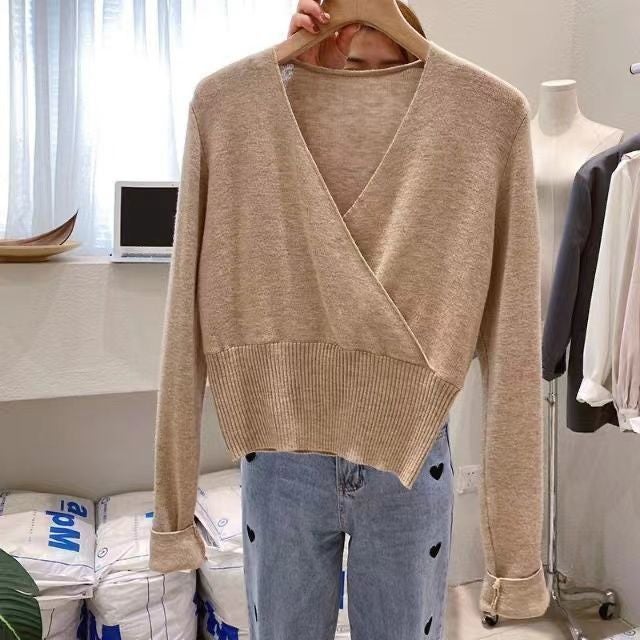 Spring and Autumn New Crossover V-neck Care Machine Slimming Long-sleeved Slim-fit Pullover Knitted Base Shirt Sweater Top for Women Khaki - Image 1