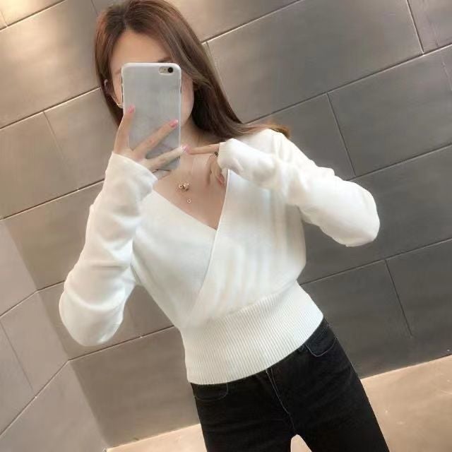 Spring and Autumn New Crossover V-neck Care Machine Slimming Long-sleeved Slim-fit Pullover Knitted Base Shirt Sweater Top for Women Khaki - Image 2