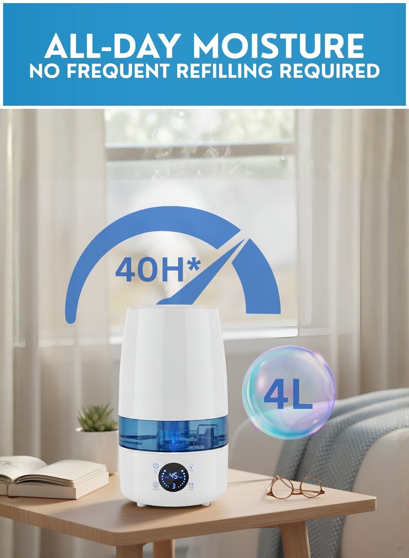JUNI 4L Ultrasonic Air Humidifier with 360° Mist Nozzle, Quiet Cool Mist Humidifier for Bedroom & Home, 3 Mist Levels, Timer 1–12H, Adjustable Humidity Control, Large Capacity Room Humidifier - Image 2