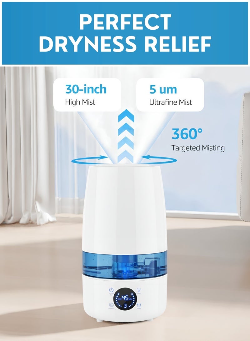 JUNI 4L Ultrasonic Air Humidifier with 360° Mist Nozzle, Quiet Cool Mist Humidifier for Bedroom & Home, 3 Mist Levels, Timer 1–12H, Adjustable Humidity Control, Large Capacity Room Humidifier - Image 4