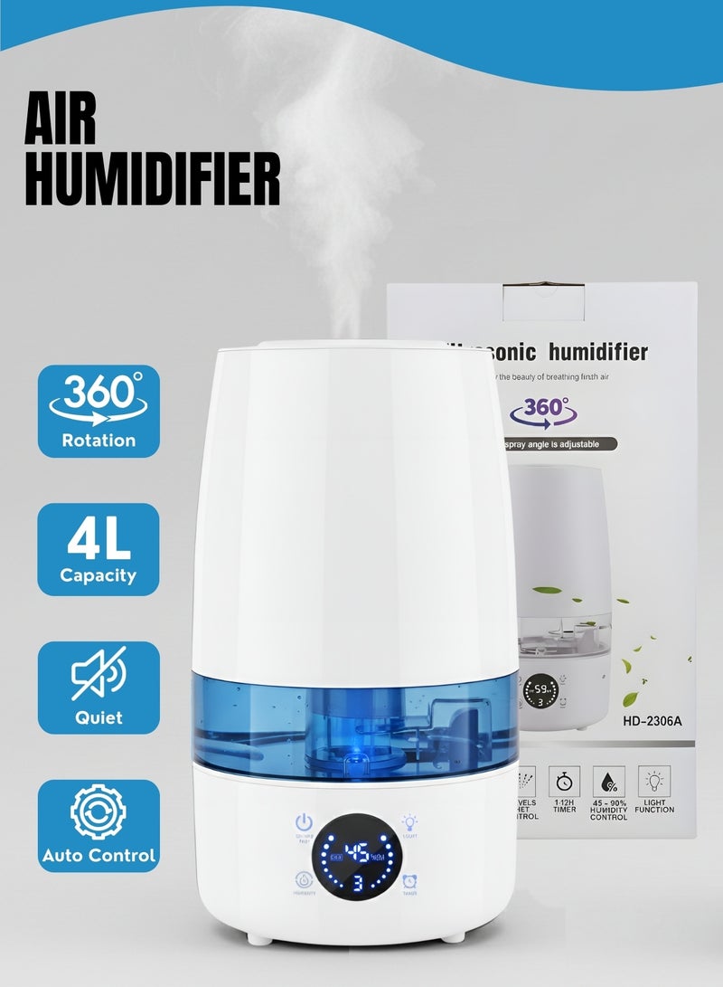JUNI 4L Ultrasonic Air Humidifier with 360° Mist Nozzle, Quiet Cool Mist Humidifier for Bedroom & Home, 3 Mist Levels, Timer 1–12H, Adjustable Humidity Control, Large Capacity Room Humidifier - Image 1