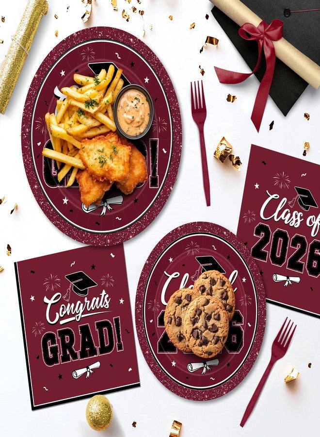 QZYL 200Pcs Graduation Supplies Set, Burgundy Graduation Plates, Napkins, Dessert Plates and Plastic Forks, Disposable Grad Party Supplies for 50 Guests, Grad tableware for 2026 School Ceremony - Image 5