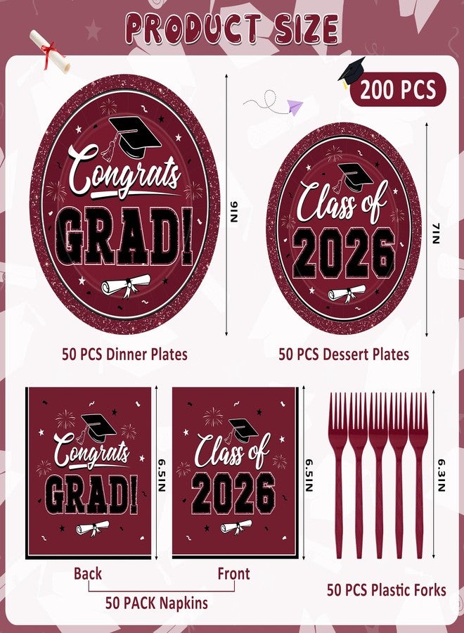 QZYL 200Pcs Graduation Supplies Set, Burgundy Graduation Plates, Napkins, Dessert Plates and Plastic Forks, Disposable Grad Party Supplies for 50 Guests, Grad tableware for 2026 School Ceremony - Image 2