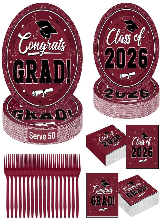 QZYL 200Pcs Graduation Supplies Set, Burgundy Graduation Plates, Napkins, Dessert Plates and Plastic Forks, Disposable Grad Party Supplies for 50 Guests, Grad tableware for 2026 School Ceremony - Image 1