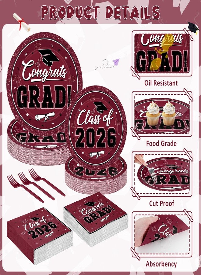 QZYL 200Pcs Graduation Supplies Set, Burgundy Graduation Plates, Napkins, Dessert Plates and Plastic Forks, Disposable Grad Party Supplies for 50 Guests, Grad tableware for 2026 School Ceremony - Image 3