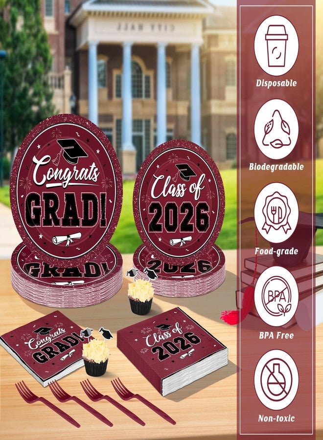 QZYL 200Pcs Graduation Supplies Set, Burgundy Graduation Plates, Napkins, Dessert Plates and Plastic Forks, Disposable Grad Party Supplies for 50 Guests, Grad tableware for 2026 School Ceremony - Image 4