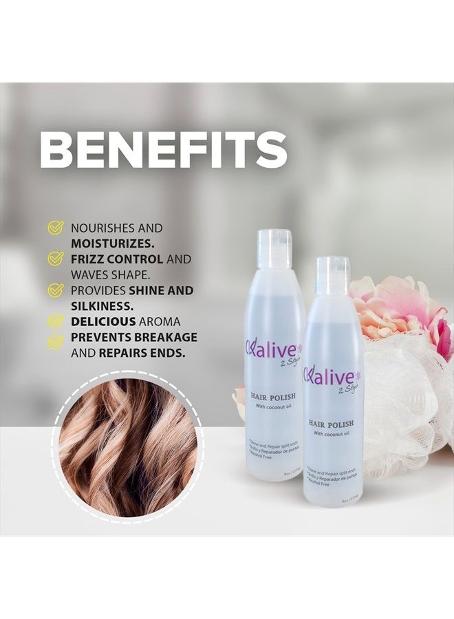 KALIVE 2 STYLE KALIVE Hair Polish with Coconut Oil for hair care, nourishing and smoothing for frizzy, dry, and damaged hair - 8 oz, anti-frizz hair product. - Image 3