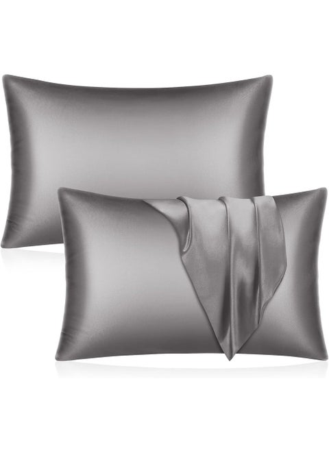 Satin Silk Pillow Case Cover for Hair and Skin, Soft Breathable Smooth Both Sided Silk Pillow Cover Pair (Standard - 50 x 65cm - 2pcs - Dark Grey)