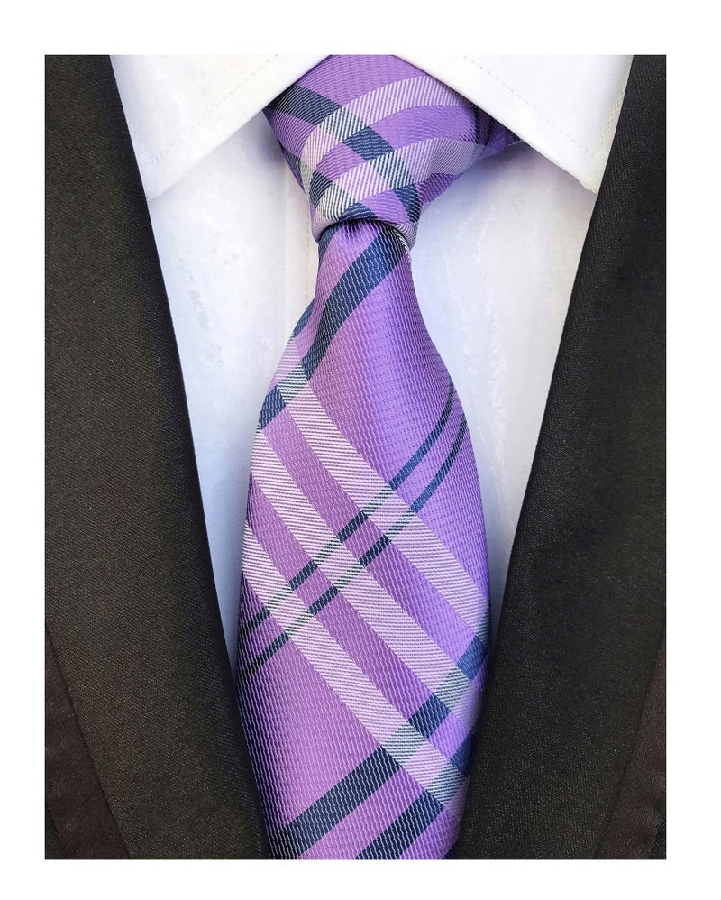Elfeves Lilac Purple Navy Gingham Seft Tie Woven Narrow Party Cool Necktie 3.15" for Men - Image 2