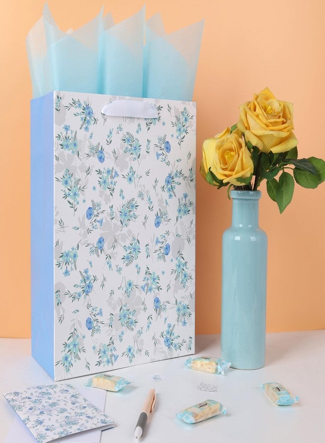 wishinside مجموعة حقائب هدايا كبيرة من Wishinside مقاس 13 بوصة مزينة بالزهور الزرقاء، مع مقابض، وبطاقة تهنئة، وورق تغليف، وملصقات، مناسبة للنساء والفتيات في أعياد الميلاد، وحفلات الزفاف، والذكرى السنوية، وعيد الأم، قطعة واحدة - Image 5