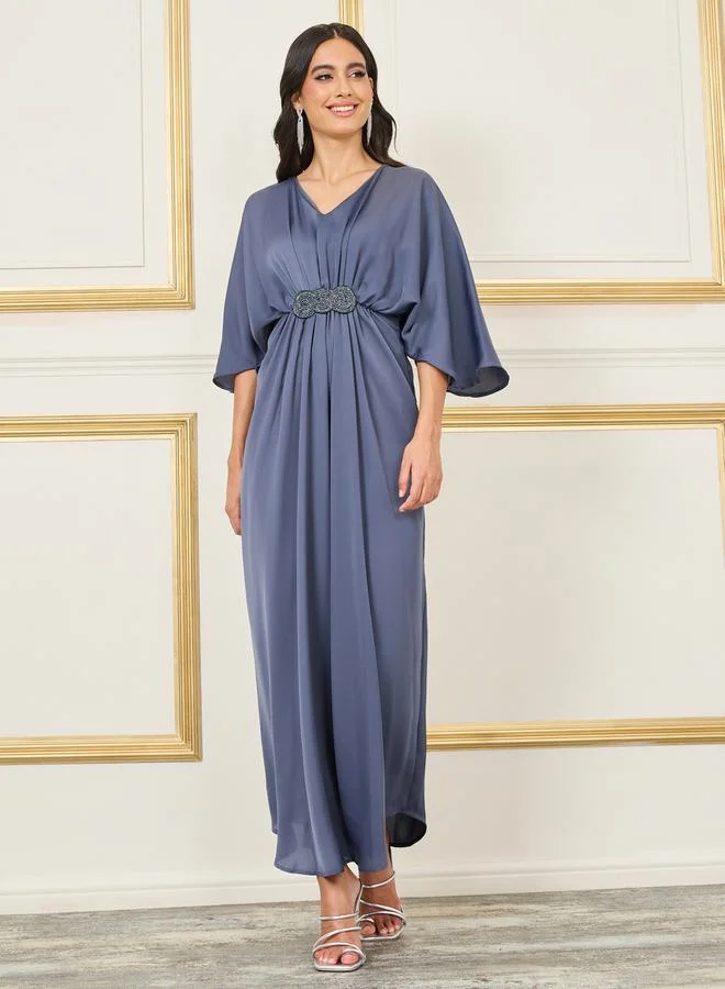 Styli Embellished Gathered Detail Batwing Sleeves A-Line Maxi Dress