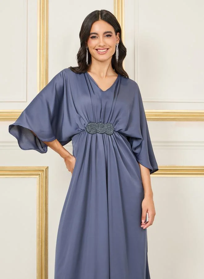 Styli Embellished Gathered Detail Batwing Sleeves A-Line Maxi Dress