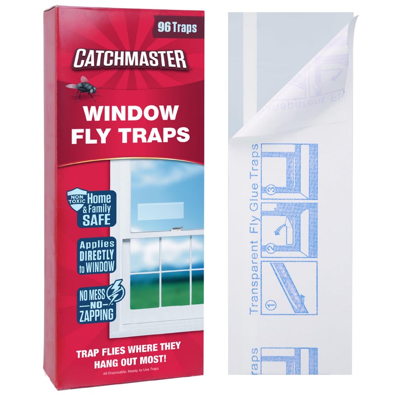 Catchmaster Window Fly Traps 96-Pack, Fruit Fly Traps for Indoors, Disposable Bulk Bug Catcher, Waterproof Insect Glue Trap, Adhesive Strips, Pet Safe Pest Control for Home, Kitchen, & Garage - Image 1