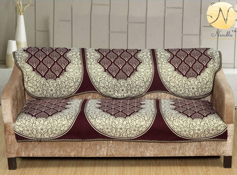 Nendle Abstract Pattern Cotton Abstract Sofa Covers Set of 3 Seater (Brown, 2 Pieces, 69 Inch x 27 inch) - Image 2